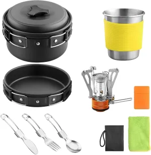 Camping Cookware Set, 12pcs Pots and Pans with Mini Stove, Stainless Steel Utensils, Lightweight, for Outdoor Cooking, Mess Kit for 1