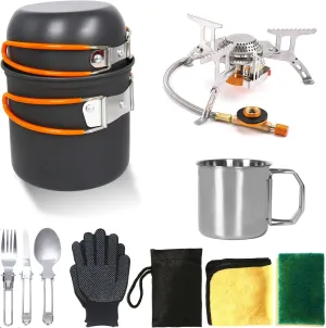 Camping Mess Kit - Cooking Set, Essentials With Pot, Backpacking Stove, Cup, Cleaning Tools and Fork Spoon Kit, for Hiking and Picnic