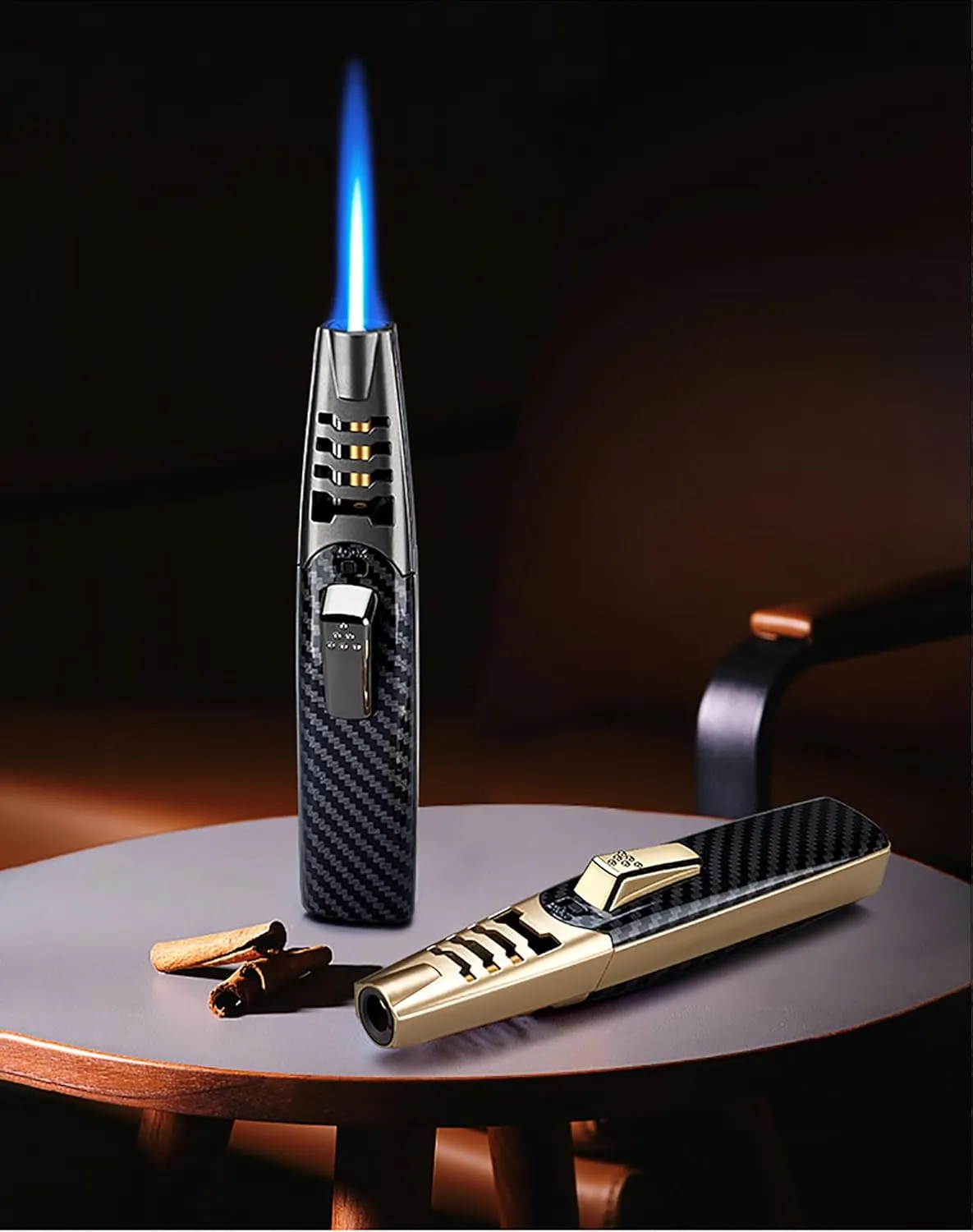 Camping Outdoor Windproof Straight Flame Lighter, Torch Lighter - Refillable Butane Lighter (Carbon Fiber (Gold))