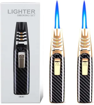 Camping Outdoor Windproof Straight Flame Lighter, Torch Lighter - Refillable Butane Lighter (Carbon Fiber (Gold))