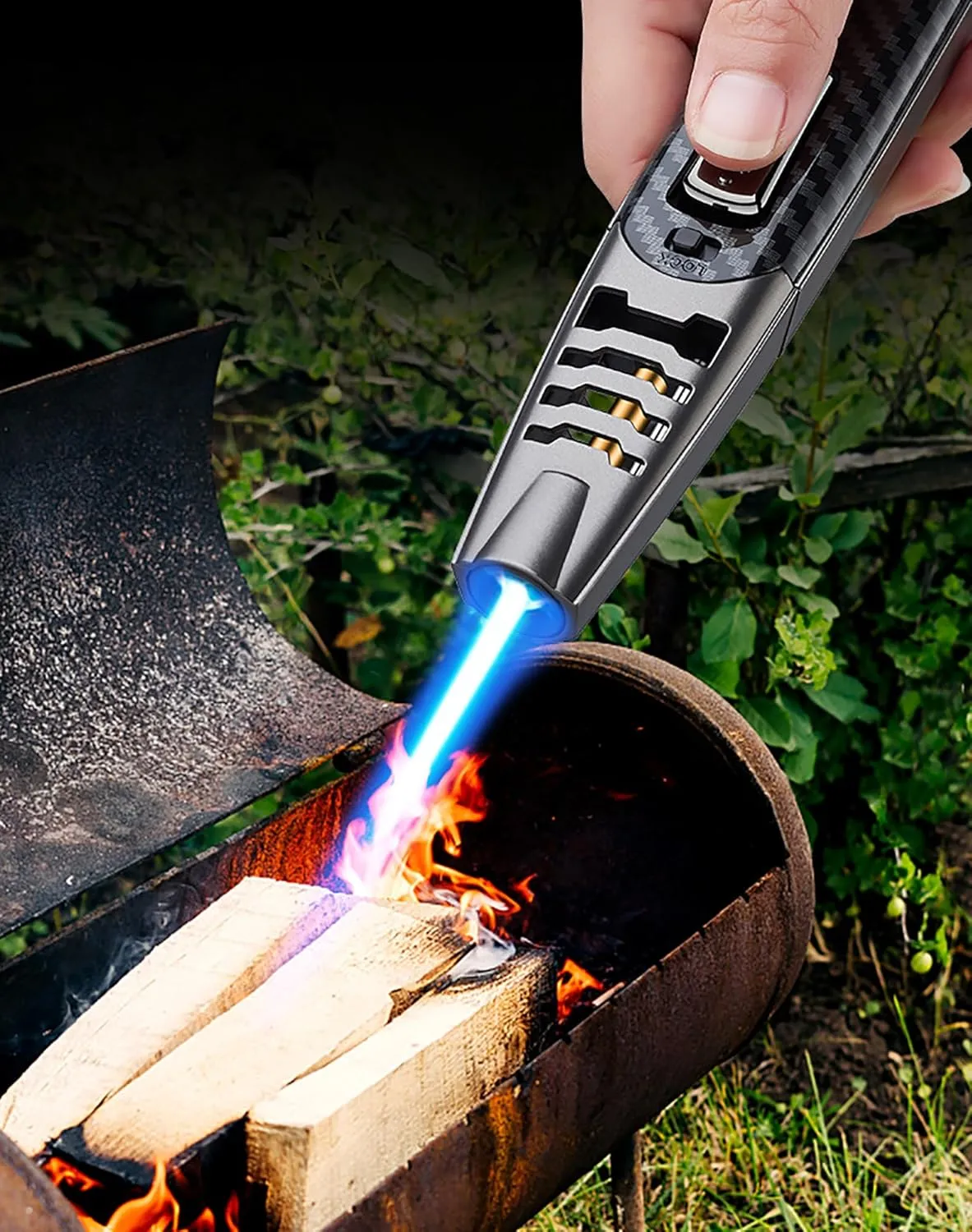 Camping Outdoor Windproof Straight Flame Lighter, Torch Lighter - Refillable Butane Lighter (Carbon Fiber (Gold))