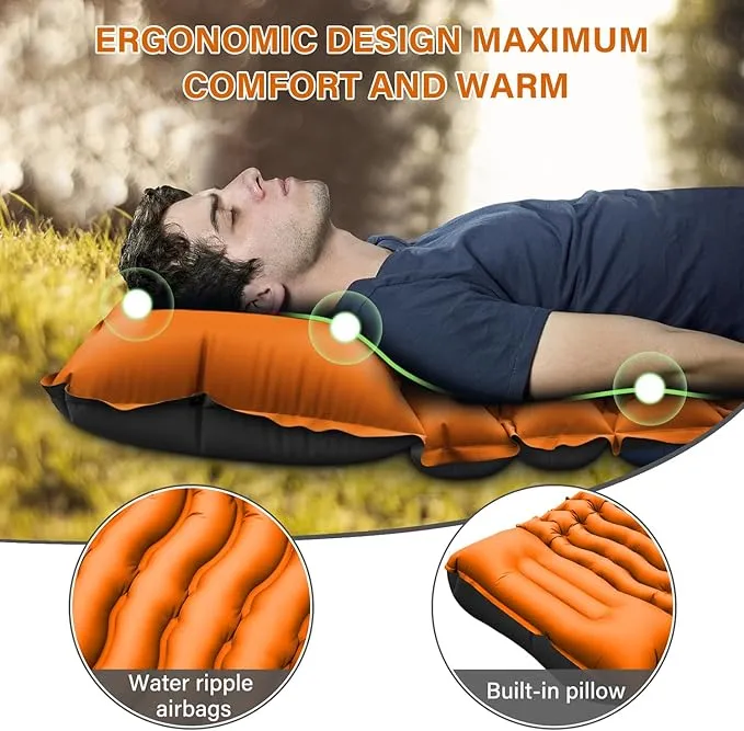 Camping Sleeping Pad, Ultralight Camping Pad with Pillow, Built-in Foot Pump Inflatable Sleeping Pad, Compact Size for Camping, Backpacking, Hiking - Orange