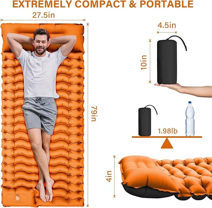 Camping Sleeping Pad, Ultralight Camping Pad with Pillow, Built-in Foot Pump Inflatable Sleeping Pad, Compact Size for Camping, Backpacking, Hiking - Orange