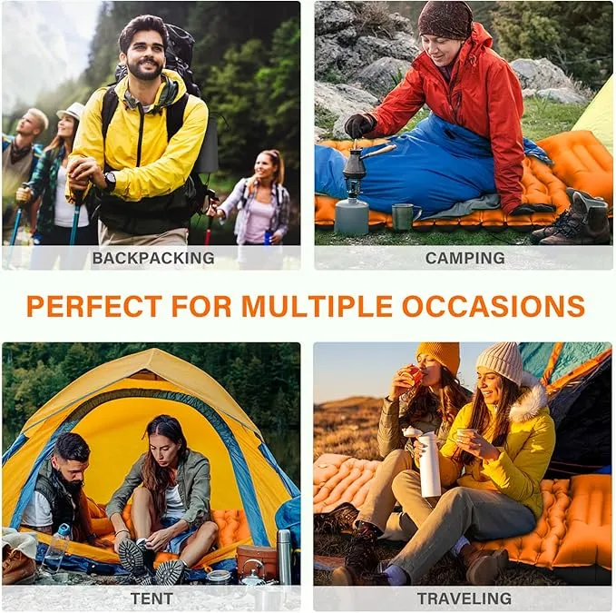 Camping Sleeping Pad, Ultralight Camping Pad with Pillow, Built-in Foot Pump Inflatable Sleeping Pad, Compact Size for Camping, Backpacking, Hiking - Orange