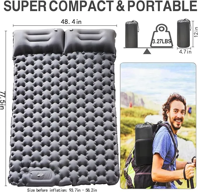 Camping Sleeping Pad，Camping Mattress 2 Person with Pillow Built-in Pump，Portable Sleeping Bed Compact for Camping Hiking Backpacking Outdoor(Grey-Full)