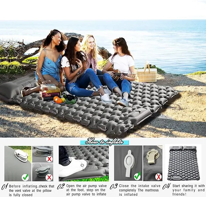 Camping Sleeping Pad，Camping Mattress 2 Person with Pillow Built-in Pump，Portable Sleeping Bed Compact for Camping Hiking Backpacking Outdoor(Grey-Full)