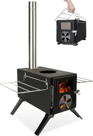 Camping Stove for Hot Tents, LAMA 304 Stainless Steel Wood Burning Stove with Stainless Wall Chimney Pipes for Tents, Shelter, Outdoor Portable Stove for Camping Heating and Cooking