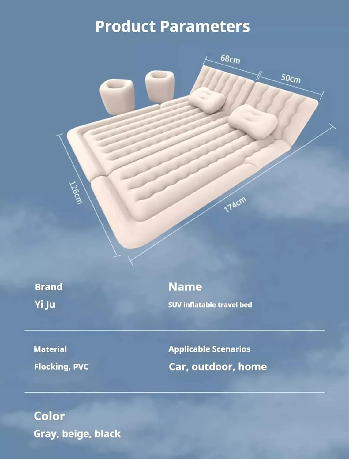 Car Air Mattress for Jeep Compass 2017-2024, Travel Camping Thickened Portable Inflatable Bed Flocking PVC Surface Trunk Sleeping Pillow Pad,Beige