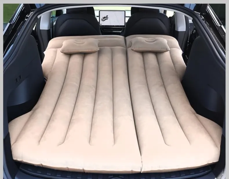 Car Air Mattress - Inflatable Camping Bed Compatible with Tesla Model Y, Thickened Flocked AirBed for Trunk/Backseat/Sedan/SUV/RV, Sleeping Pad with Pump and 2 Pillows for Camping Travel Outdoor Beige