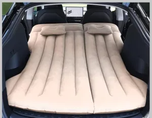 Car Air Mattress - Inflatable Camping Bed Compatible with Tesla Model Y, Thickened Flocked AirBed for Trunk/Backseat/Sedan/SUV/RV, Sleeping Pad with Pump and 2 Pillows for Camping Travel Outdoor Beige