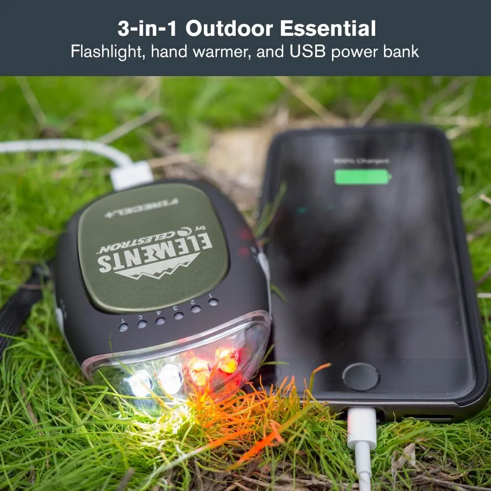 Celestron Elements FireCel Plus – 3-in-1 Flashlight   Hand Warmer   5200 mAh USB Power Bank – Rechargeable Lithium-Ion Battery – White or Red LED Flashlight – Ergonomic – Great for Hiking, Camping