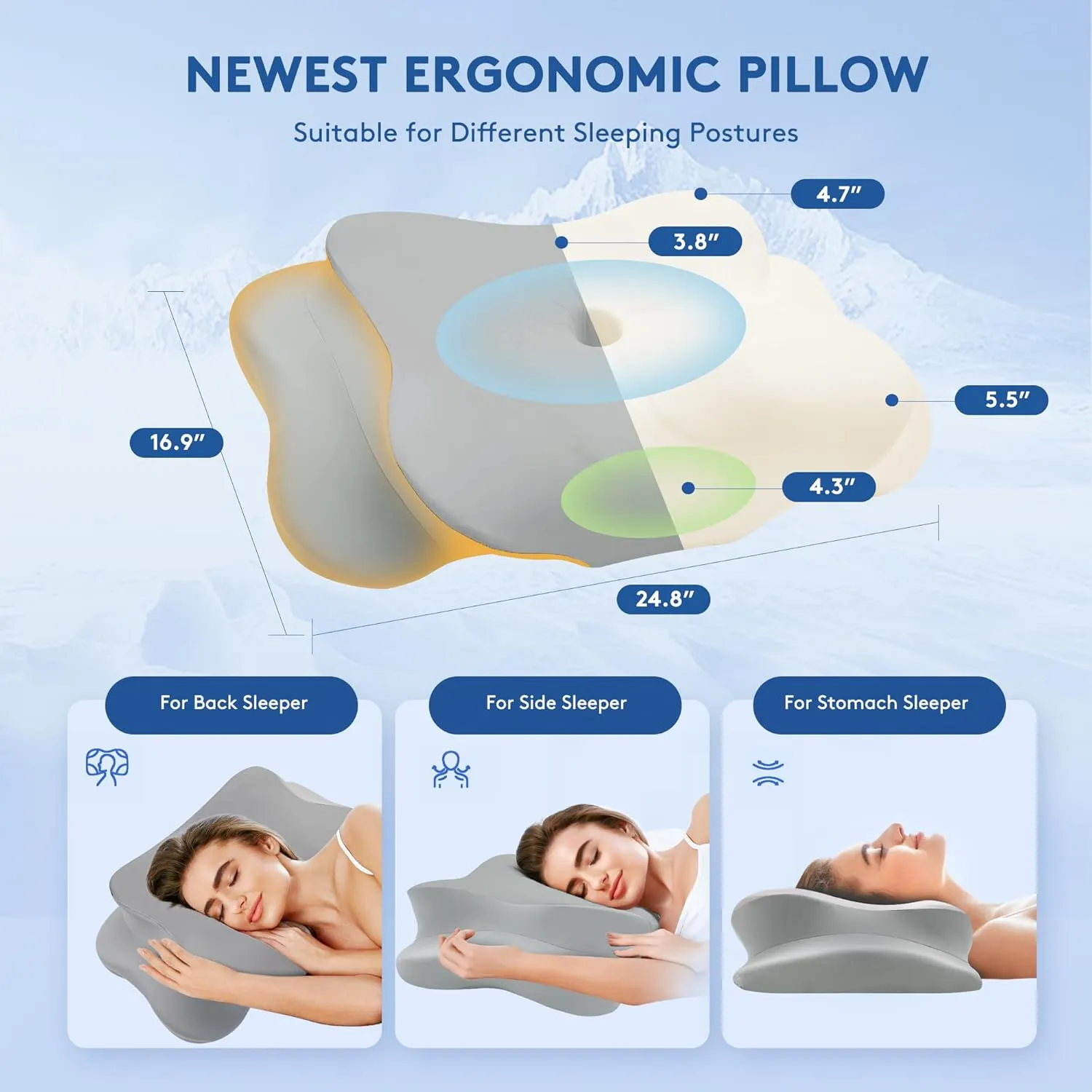 Cervical Pillow for Neck Pain Relief, Cooling Contour Memory Foam Pillows Support Odorless Ergonomic Neck Pillow Adjustable Orthopedic Bed Pillow for Side Back Stomach Sleeper with Pillowcase，Grey