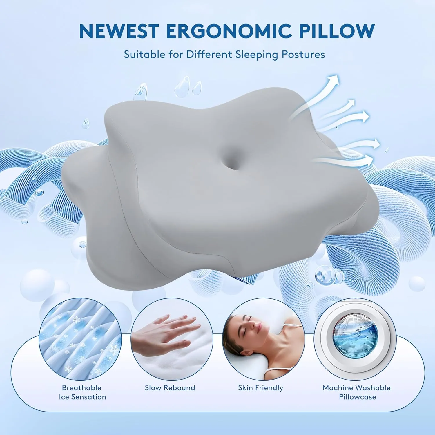 Cervical Pillow for Neck Pain Relief, Cooling Contour Memory Foam Pillows Support Odorless Ergonomic Neck Pillow Adjustable Orthopedic Bed Pillow for Side Back Stomach Sleeper with Pillowcase，Grey