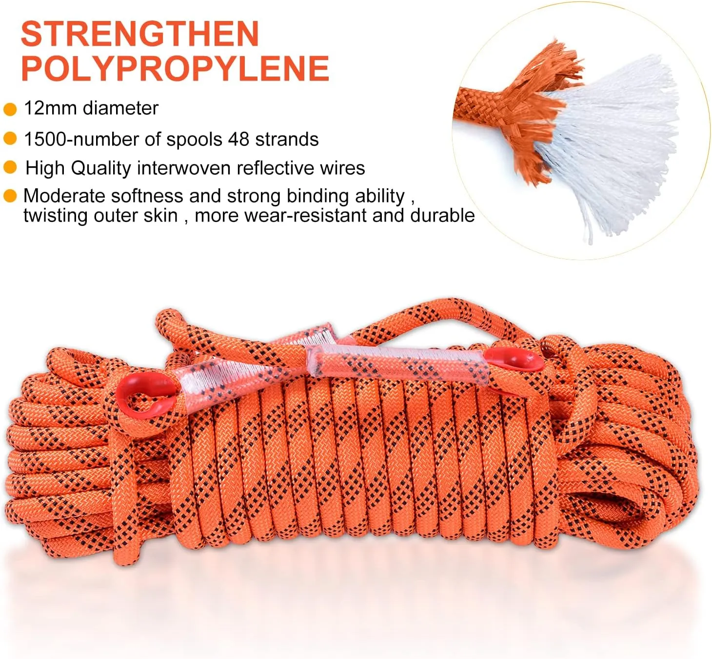Climbing Rope, 12 mm Static Climbing Rope, 32FT(10M) 65FT(20M) 100FT(30M) 164FT(50M) Outdoor Rock Climbing Rope, Escape Rope, Rappelling Rope, Fire Rescue Parachute Rope