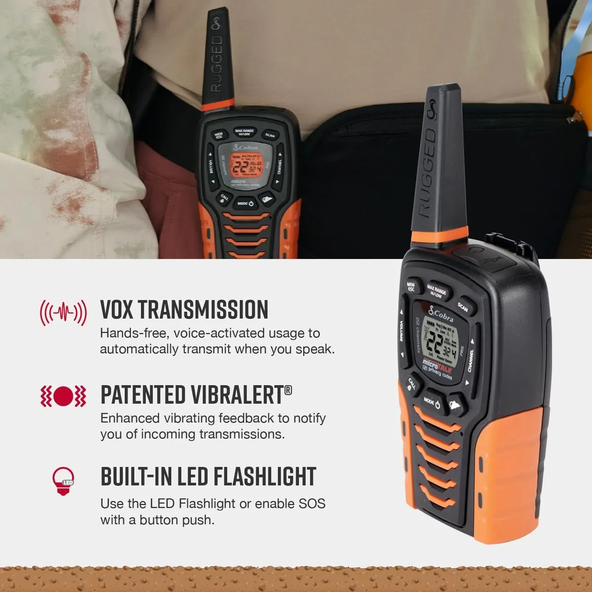Cobra ACXT645 Waterproof Walkie Talkies - Rechargeable, 22 Channels, Long Range 35-Mile Two-Way Radio Set, Black and Orange (2-Pack)
