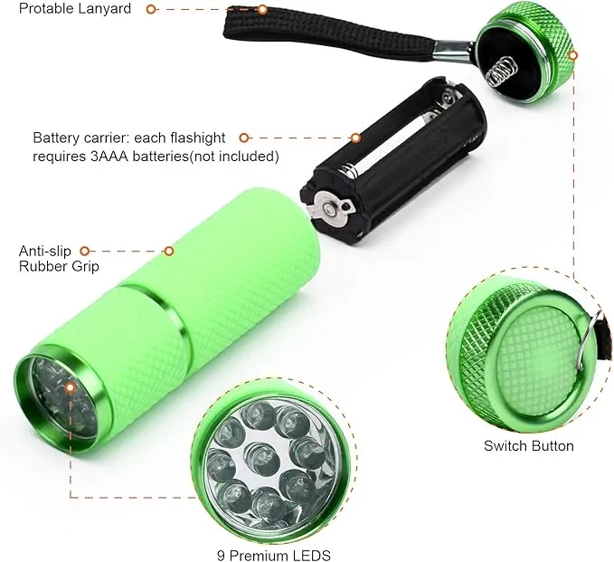 Coolrunner LED Flashlight, Small Glow Flashlights with 9 LED Lights, Portable Light Nail Dryer for Nail Gel, Flashlight Mini Powerful Pet Urine Detector for Dog/Cat, Resin Curing (Green)