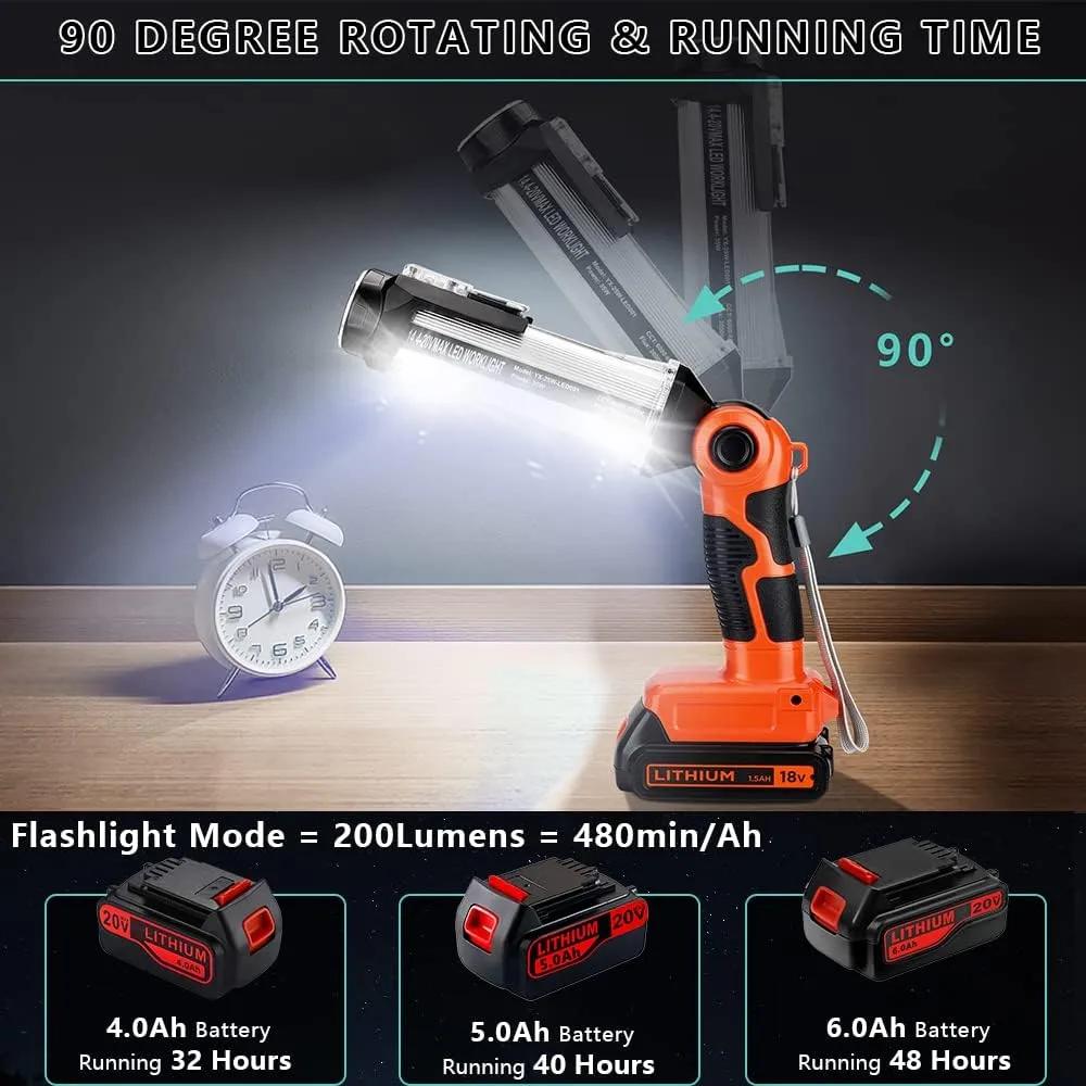 Cordless LED Work Light for Black & Decker 20V Li-ion Battery, 35W 2000LM Outdoor Flashlight Portable Camping Lanterns for Car Repairing, Job Site Lighting, Emergency