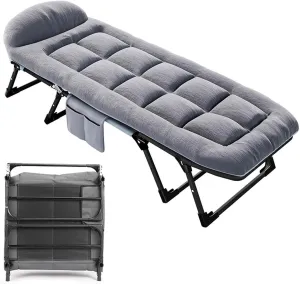 Cot for Camping Adult, Folding Bed with Mattress for Adults, 6-Speed Adjustment, 8 Support Points at The Bottom, Side Storage Bag, Can Sit, Lean Or Lie Down, Easy to Store, 170x55x25CM