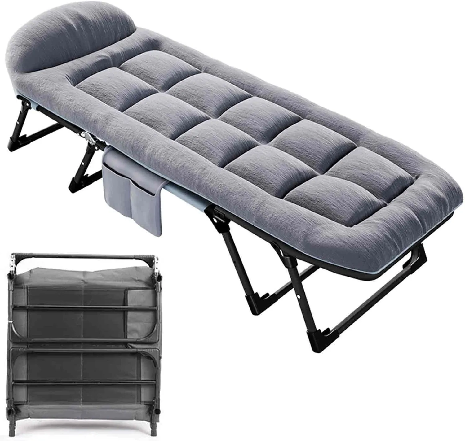 Cot for Camping Adult, Folding Bed with Mattress for Adults, 6-Speed Adjustment, 8 Support Points at The Bottom, Side Storage Bag, Can Sit, Lean Or Lie Down, Easy to Store, 170x55x25CM