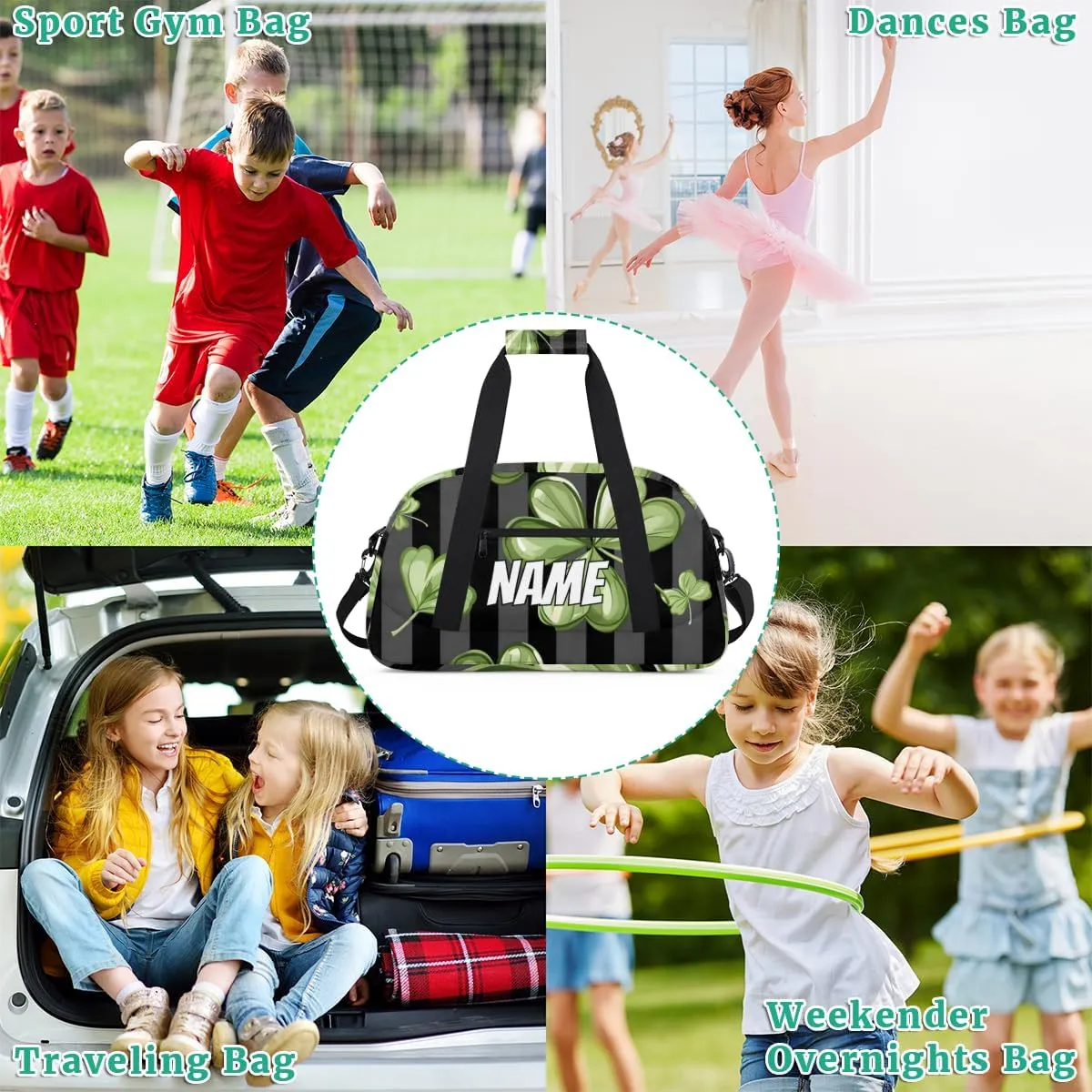 Custom Lucky Shamrock Sports Gym Bag Personalized St. Patrick's Day Name Travel Duffel Bag Customized Weekender Overnight Bags for Women Men