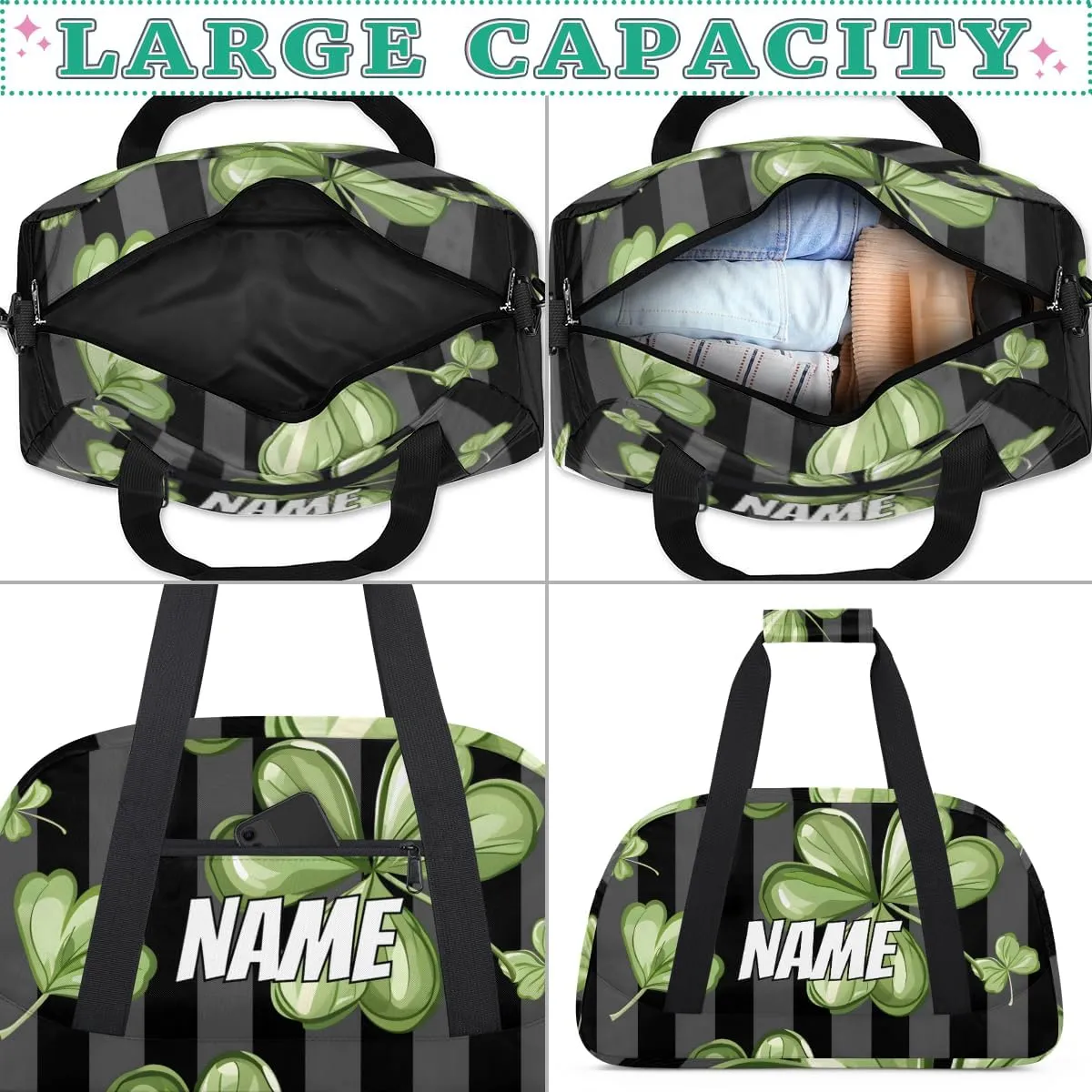 Custom Lucky Shamrock Sports Gym Bag Personalized St. Patrick's Day Name Travel Duffel Bag Customized Weekender Overnight Bags for Women Men
