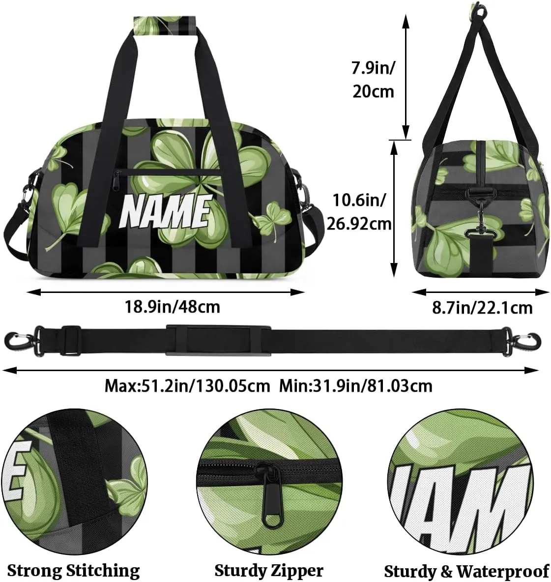 Custom Lucky Shamrock Sports Gym Bag Personalized St. Patrick's Day Name Travel Duffel Bag Customized Weekender Overnight Bags for Women Men