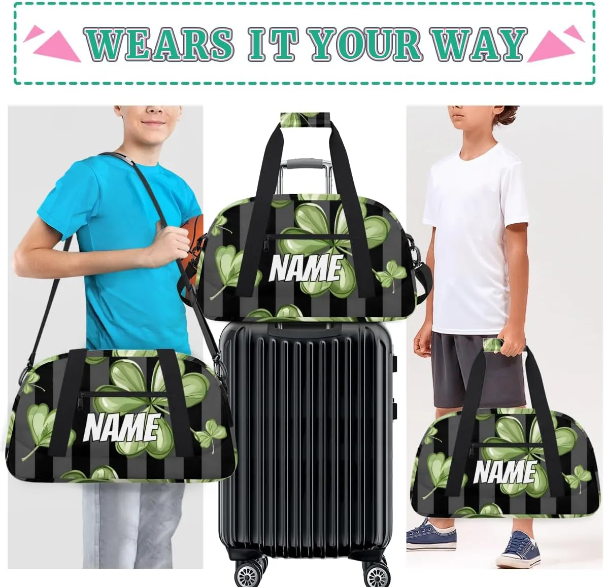 Custom Lucky Shamrock Sports Gym Bag Personalized St. Patrick's Day Name Travel Duffel Bag Customized Weekender Overnight Bags for Women Men