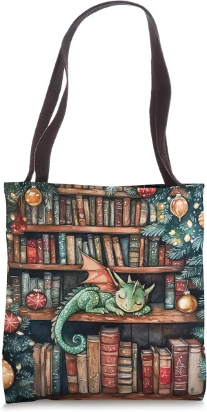 Cute Dragon Books Library Christmas Xmas Bookworm Book Lover Tote Bag