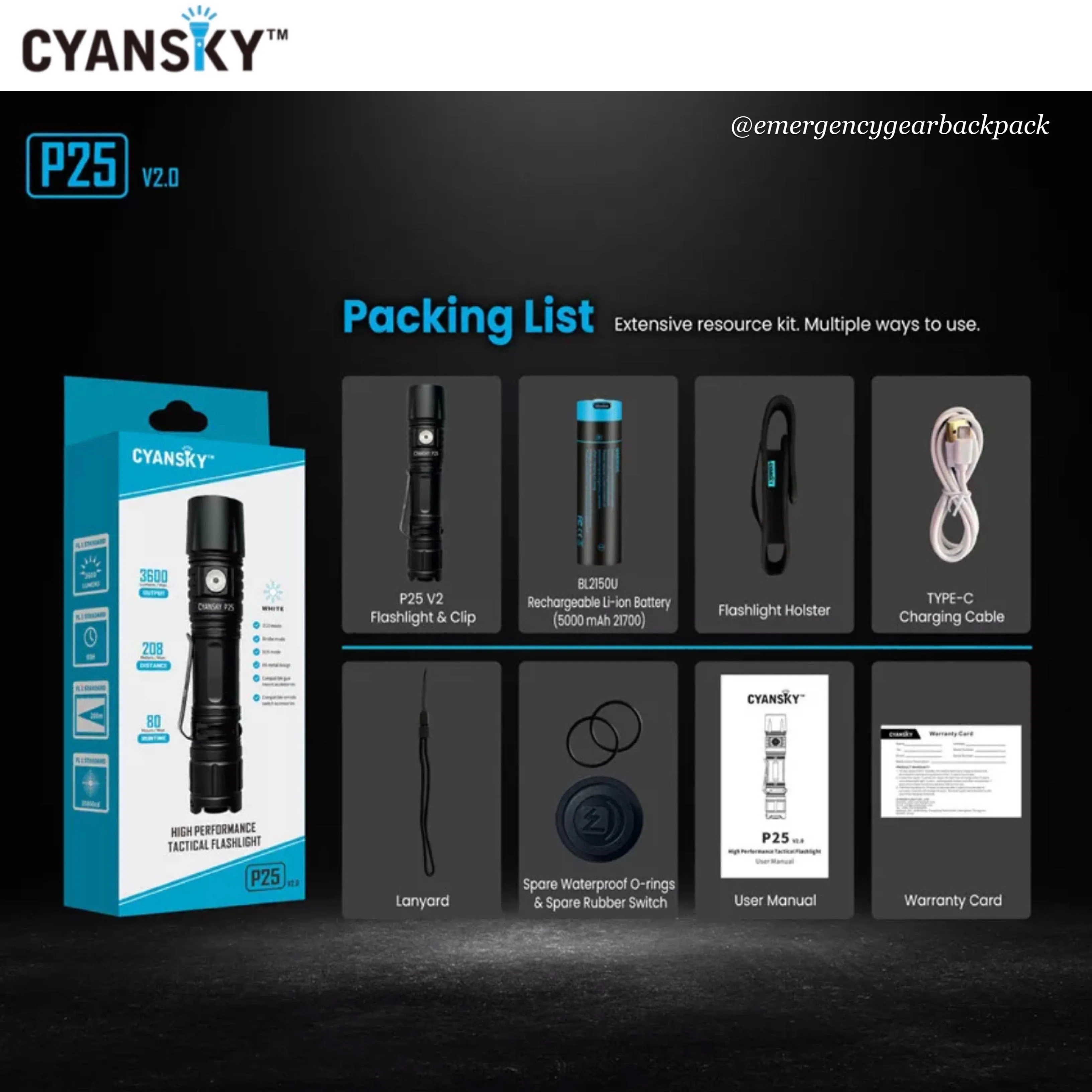 Cyansky P25 V2.0 Outdoor Flashlight 3600LMS 208M