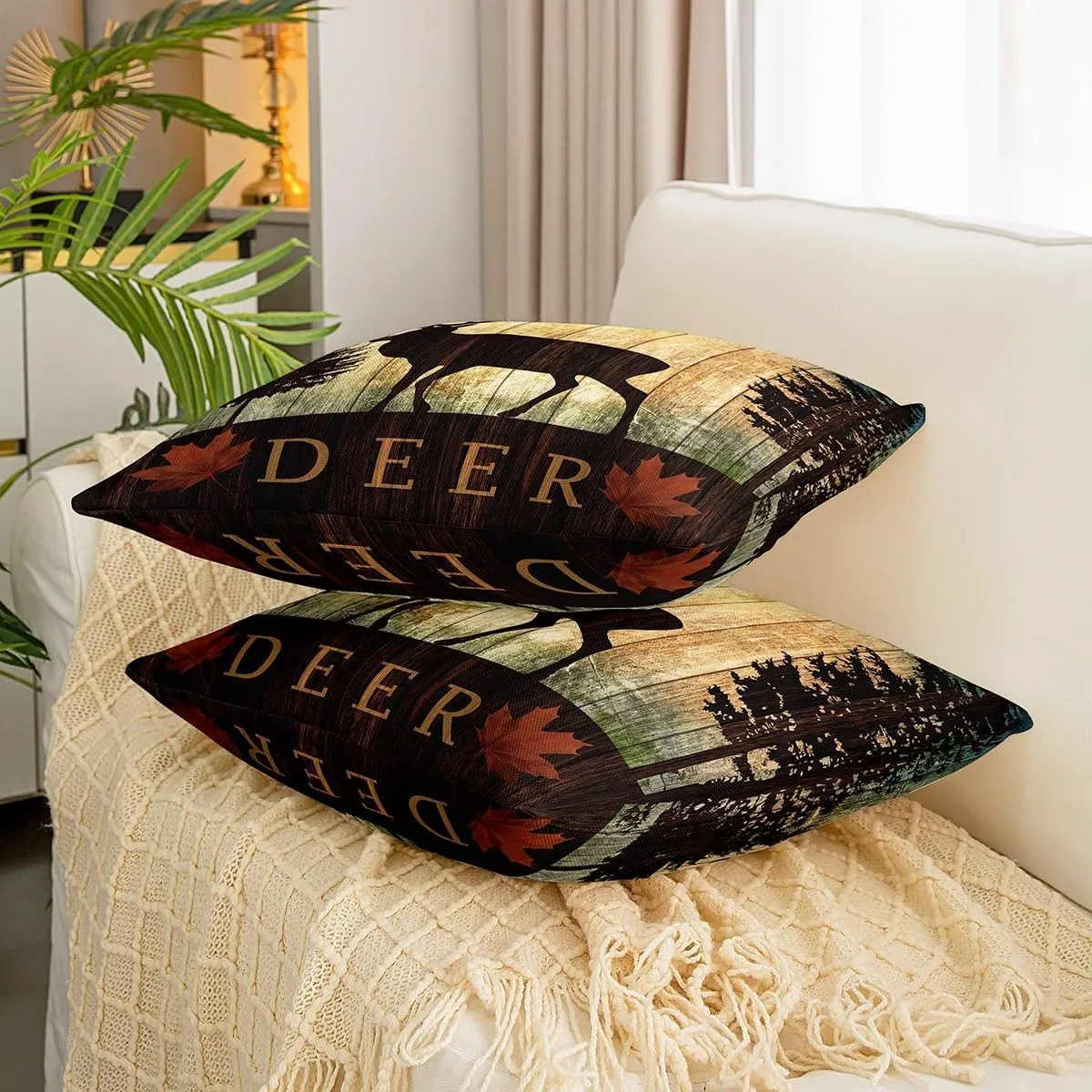 Deer Throw Pillow Covers 18x18 Inch Set of 2 Woodland Animal Pillow Covers for Couch Bed Sofa Patio Country Rustic Wooden Cabin Decorative Pillow Covers Jungle Pine Tree Pillow Inserts Not Included