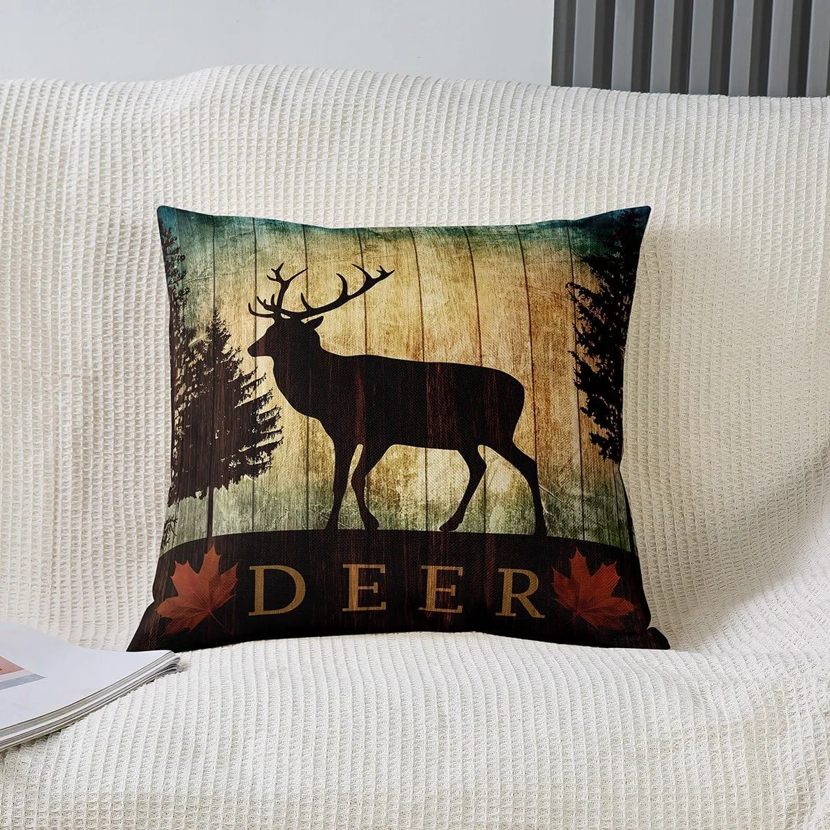 Deer Throw Pillow Covers 18x18 Inch Set of 2 Woodland Animal Pillow Covers for Couch Bed Sofa Patio Country Rustic Wooden Cabin Decorative Pillow Covers Jungle Pine Tree Pillow Inserts Not Included