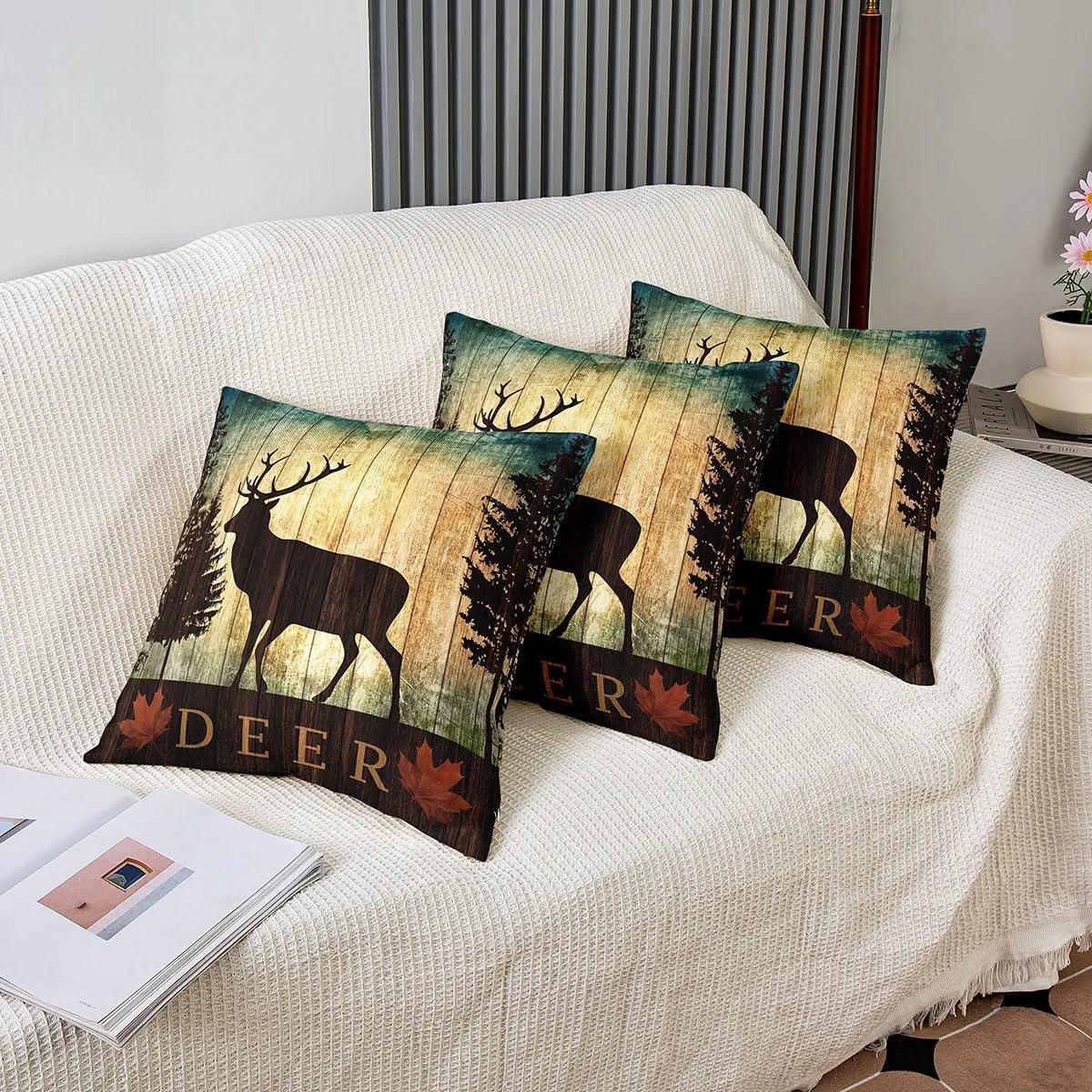 Deer Throw Pillow Covers 18x18 Inch Set of 2 Woodland Animal Pillow Covers for Couch Bed Sofa Patio Country Rustic Wooden Cabin Decorative Pillow Covers Jungle Pine Tree Pillow Inserts Not Included