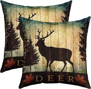 Deer Throw Pillow Covers 18x18 Inch Set of 2 Woodland Animal Pillow Covers for Couch Bed Sofa Patio Country Rustic Wooden Cabin Decorative Pillow Covers Jungle Pine Tree Pillow Inserts Not Included