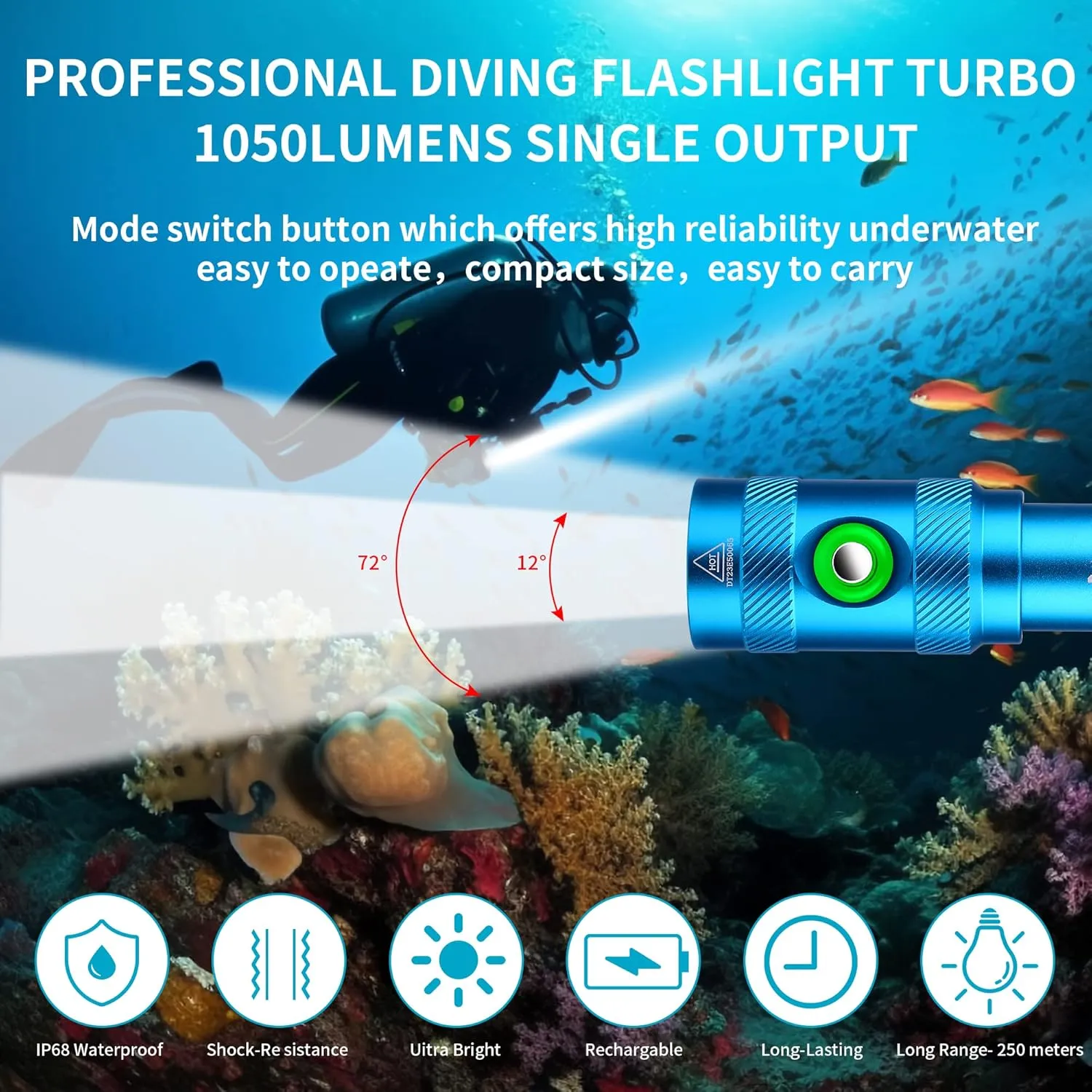 DM006 Dive Light Scuba Diving Flashlight, 1050 Lumens Underwater Flashlight with 3400mAh Rechargeable Battery, IPX8 Waterproof Flashlight for Diving Camping & Outdoor Activities