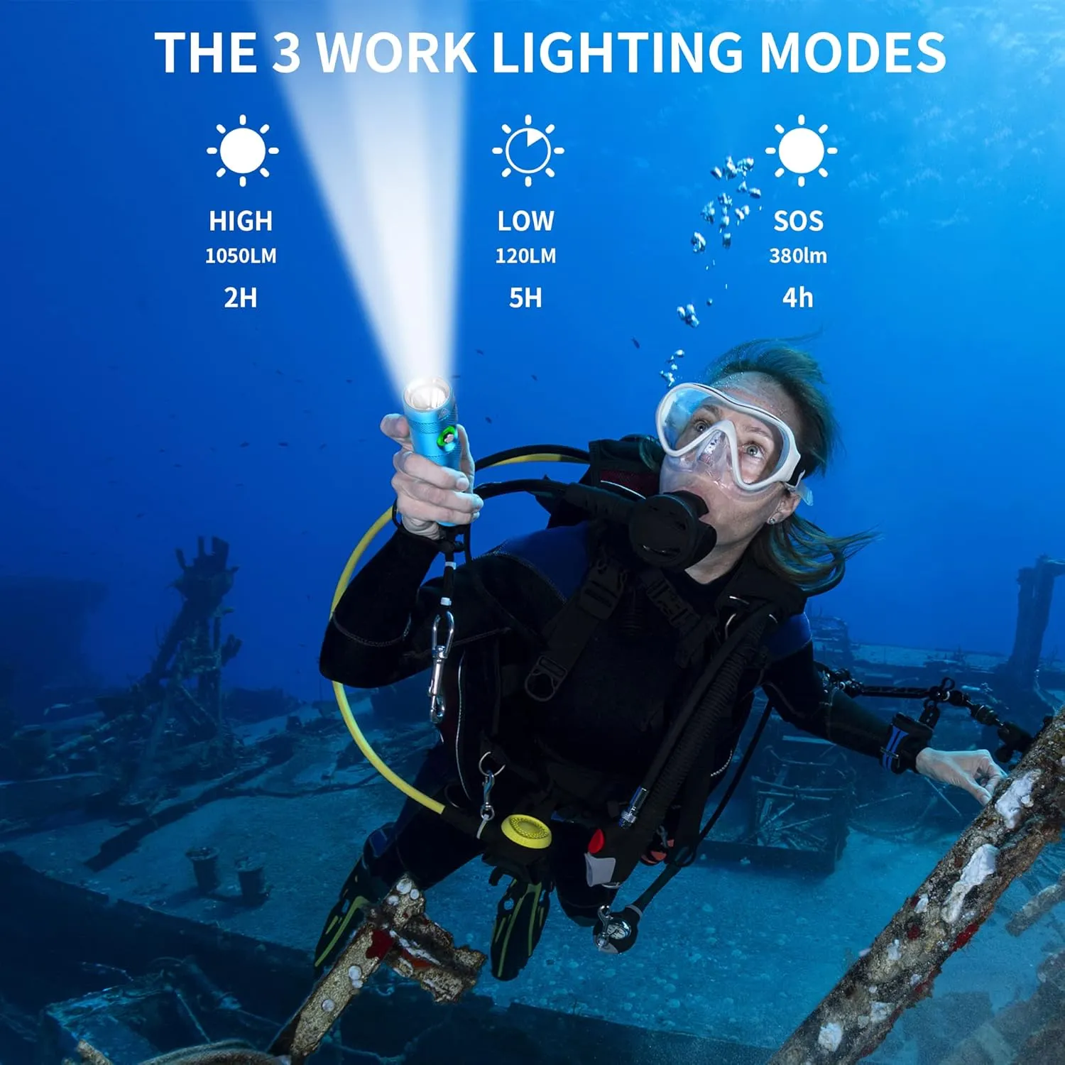 DM006 Dive Light Scuba Diving Flashlight, 1050 Lumens Underwater Flashlight with 3400mAh Rechargeable Battery, IPX8 Waterproof Flashlight for Diving Camping & Outdoor Activities