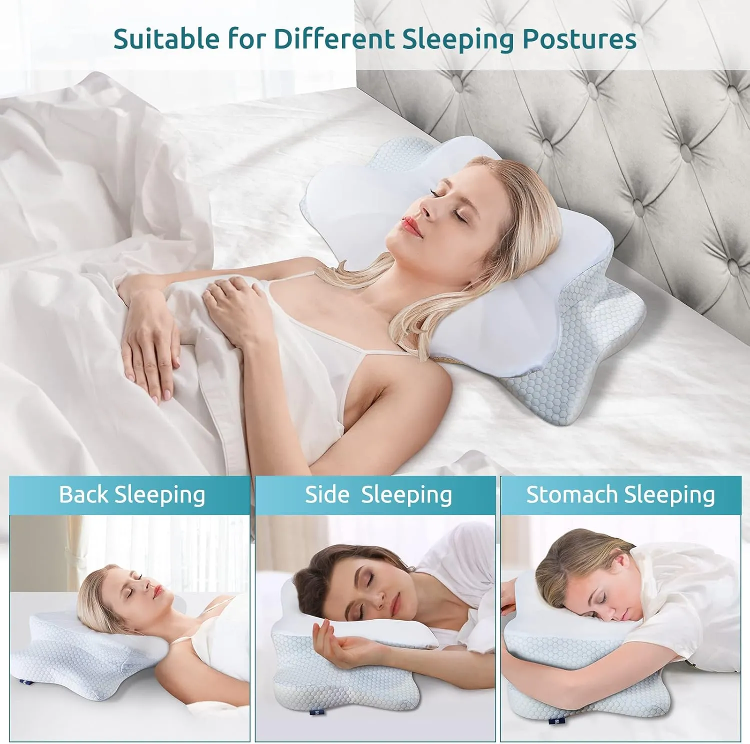 DONAMA Cervical Pillow for Neck Pain Relief,Contour Memory Foam Pillow,Ergonomic Orthopedic Neck Support Pillow for Side,Back and Stomach Sleepers with Breathable Pillowcase-Blue