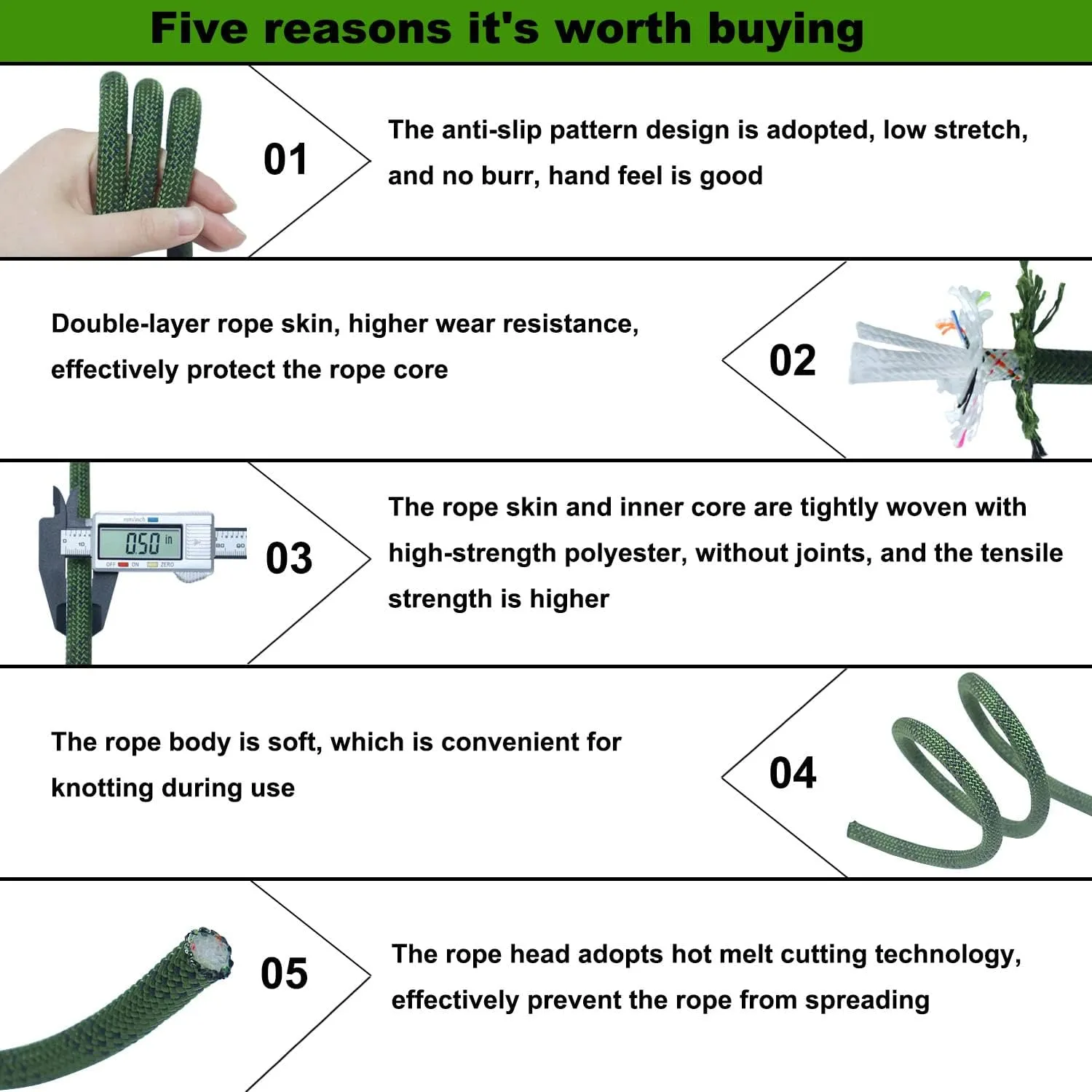 Double Braided Arborist Rigging Rope (1/2 in x 100 ft) Strong Polyester Rope 48 Strands for Tree Work Pulling Swing Sailing, ArmyGreen/Black