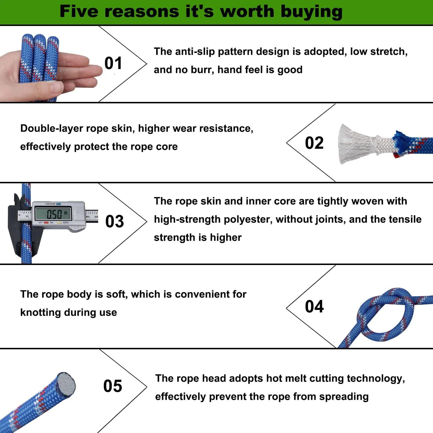 Double Braided Arborist Rigging Rope (1/2 in x 100 ft) Strong Polyester Rope 48 Strands for Tree Work Pulling Swing Sailing, Blue/White/Red