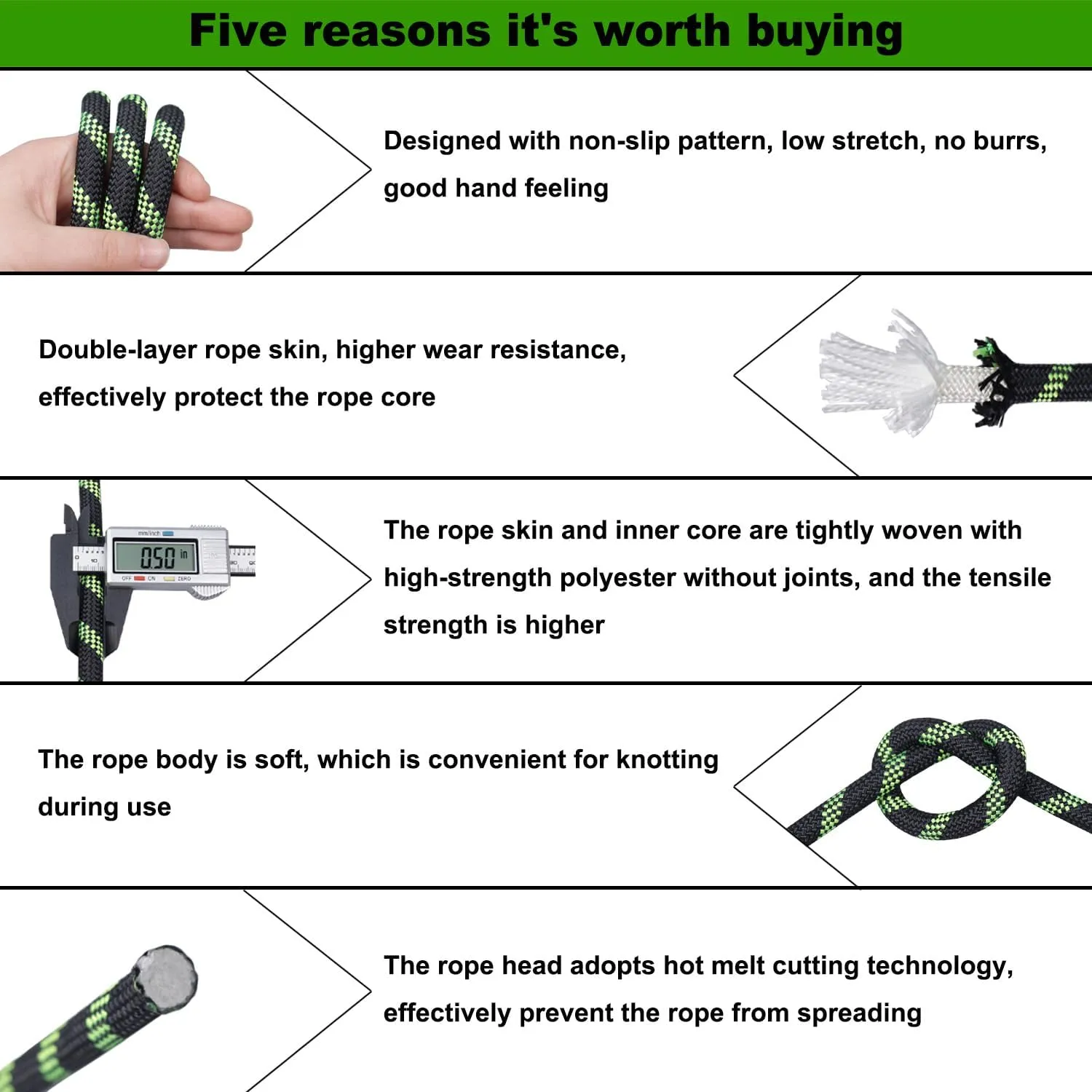 Double Braided Arborist Rope (1/2 in x 100 ft) Climbing Rope High Strength Polyester Rope for Tree Climbing Pulling Swing Sailing, Black/Fluorescent Green