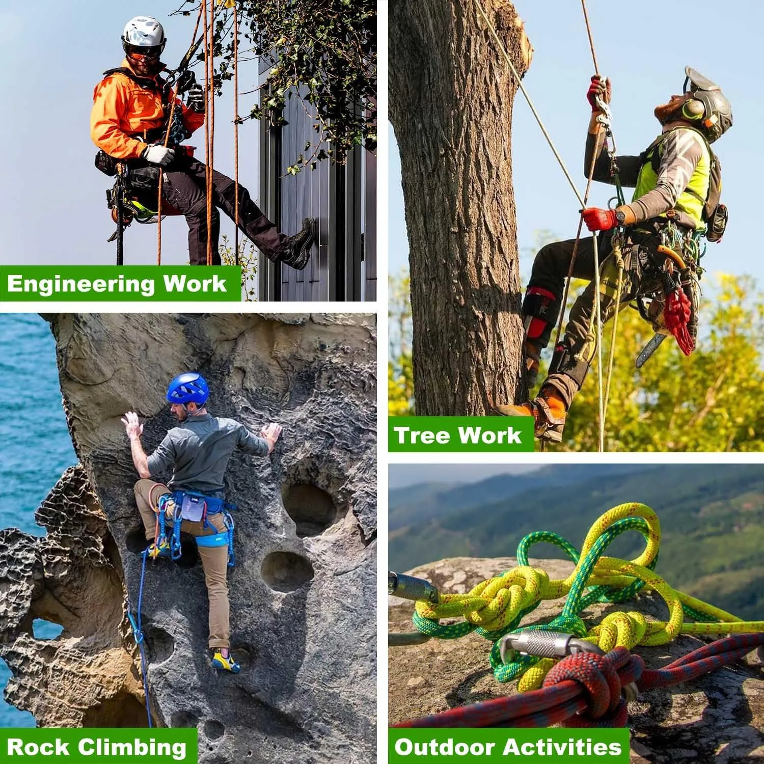 Double Braided Arborist Rope (1/2 in x 100 ft) Climbing Rope High Strength Polyester Rope for Tree Climbing Pulling Swing Sailing, Black/Fluorescent Green