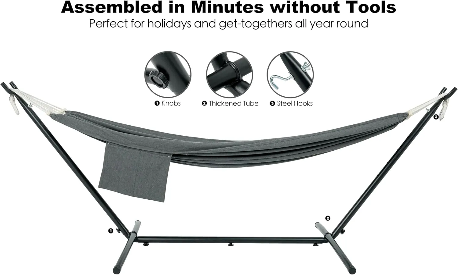 Double Hammock with Stand for Outside, Upgraded Spreader Bar, Heavy Duty Space Saving Steel Stand 2 Person, Side Pocket, Easy Assembly, 600lbs Weight Capacity, Indoor & Outdoor (Dark Grey)