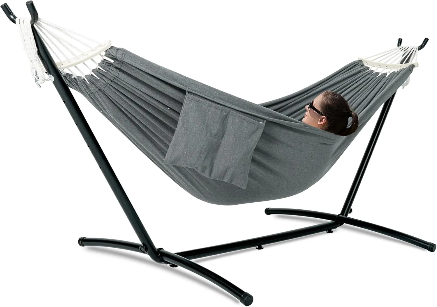 Double Hammock with Stand for Outside, Upgraded Spreader Bar, Heavy Duty Space Saving Steel Stand 2 Person, Side Pocket, Easy Assembly, 600lbs Weight Capacity, Indoor & Outdoor (Dark Grey)
