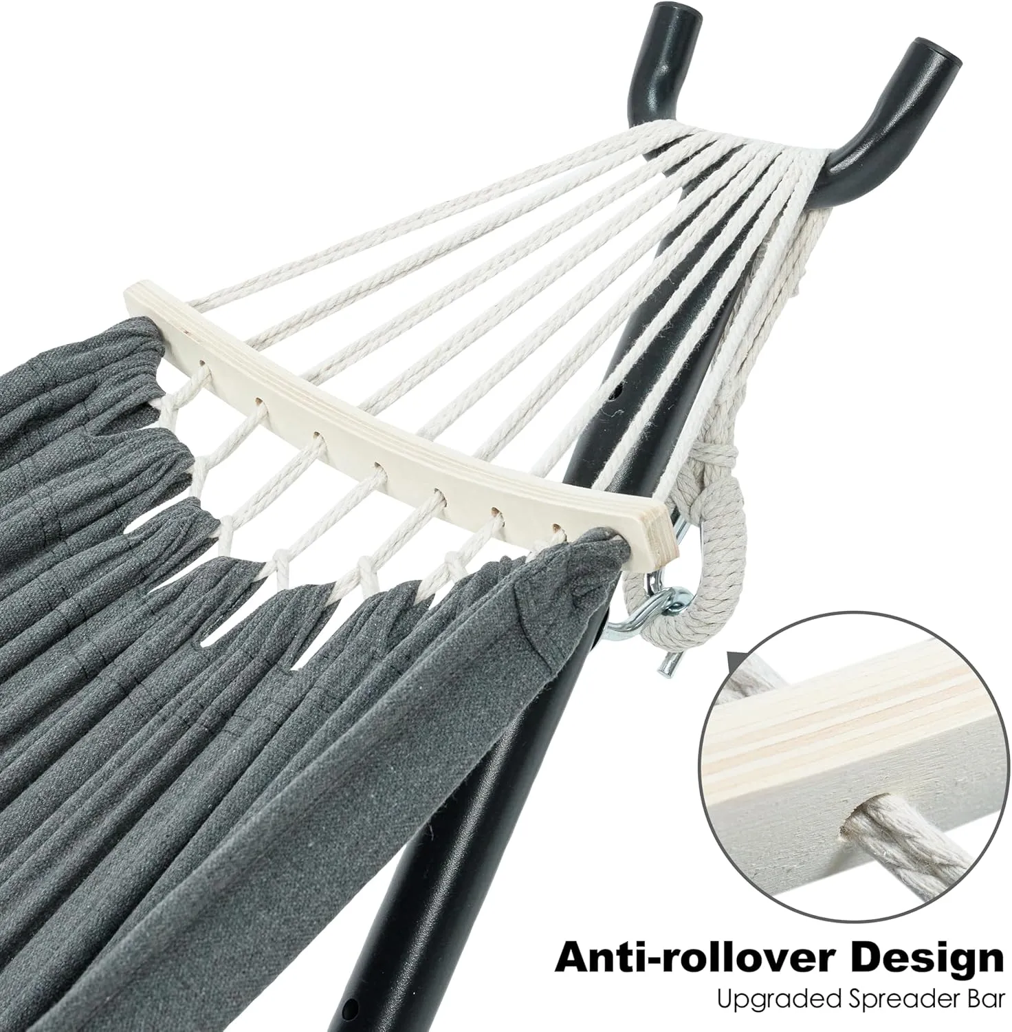 Double Hammock with Stand for Outside, Upgraded Spreader Bar, Heavy Duty Space Saving Steel Stand 2 Person, Side Pocket, Easy Assembly, 600lbs Weight Capacity, Indoor & Outdoor (Dark Grey)