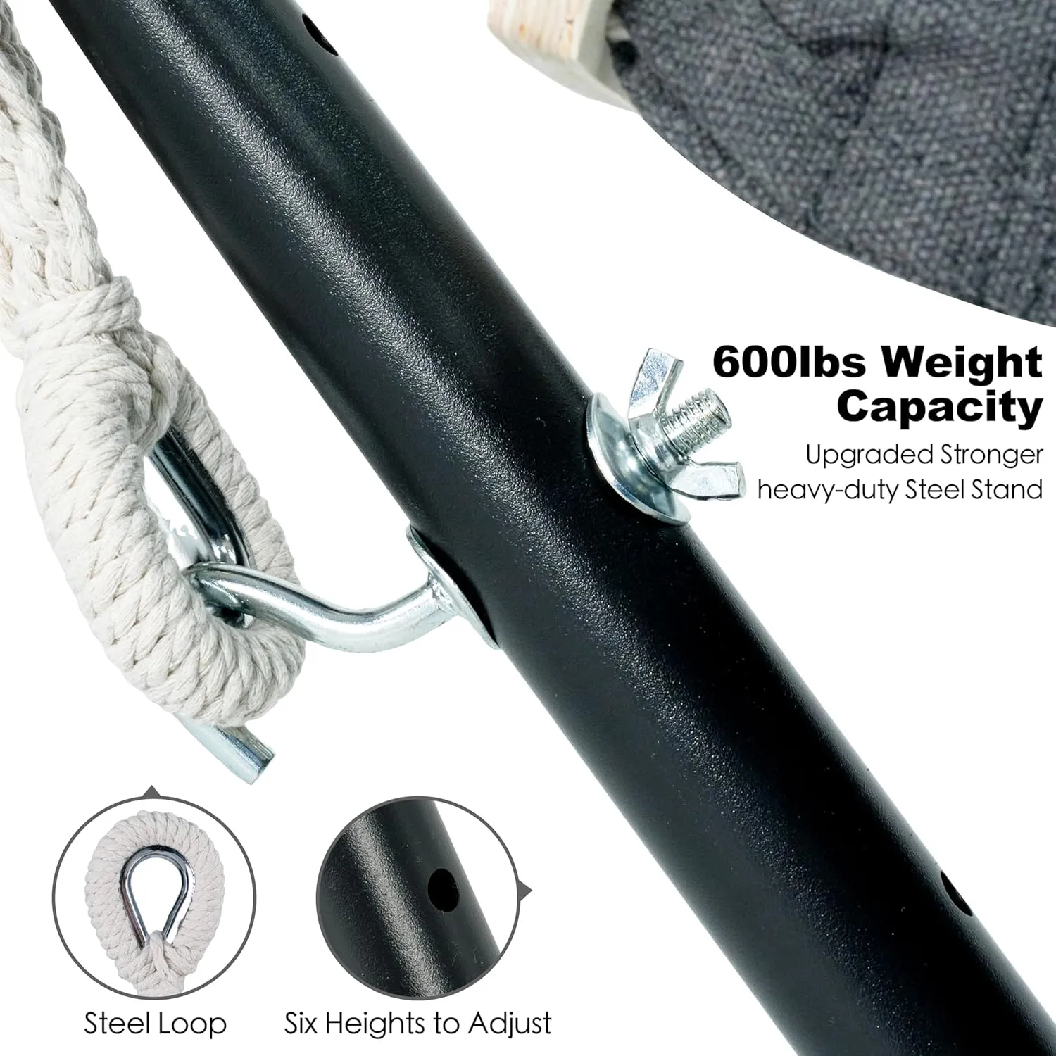 Double Hammock with Stand for Outside, Upgraded Spreader Bar, Heavy Duty Space Saving Steel Stand 2 Person, Side Pocket, Easy Assembly, 600lbs Weight Capacity, Indoor & Outdoor (Dark Grey)