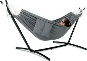 Double Hammock with Stand for Outside, Upgraded Spreader Bar, Heavy Duty Space Saving Steel Stand 2 Person, Side Pocket, Easy Assembly, 600lbs Weight Capacity, Indoor & Outdoor (Dark Grey)