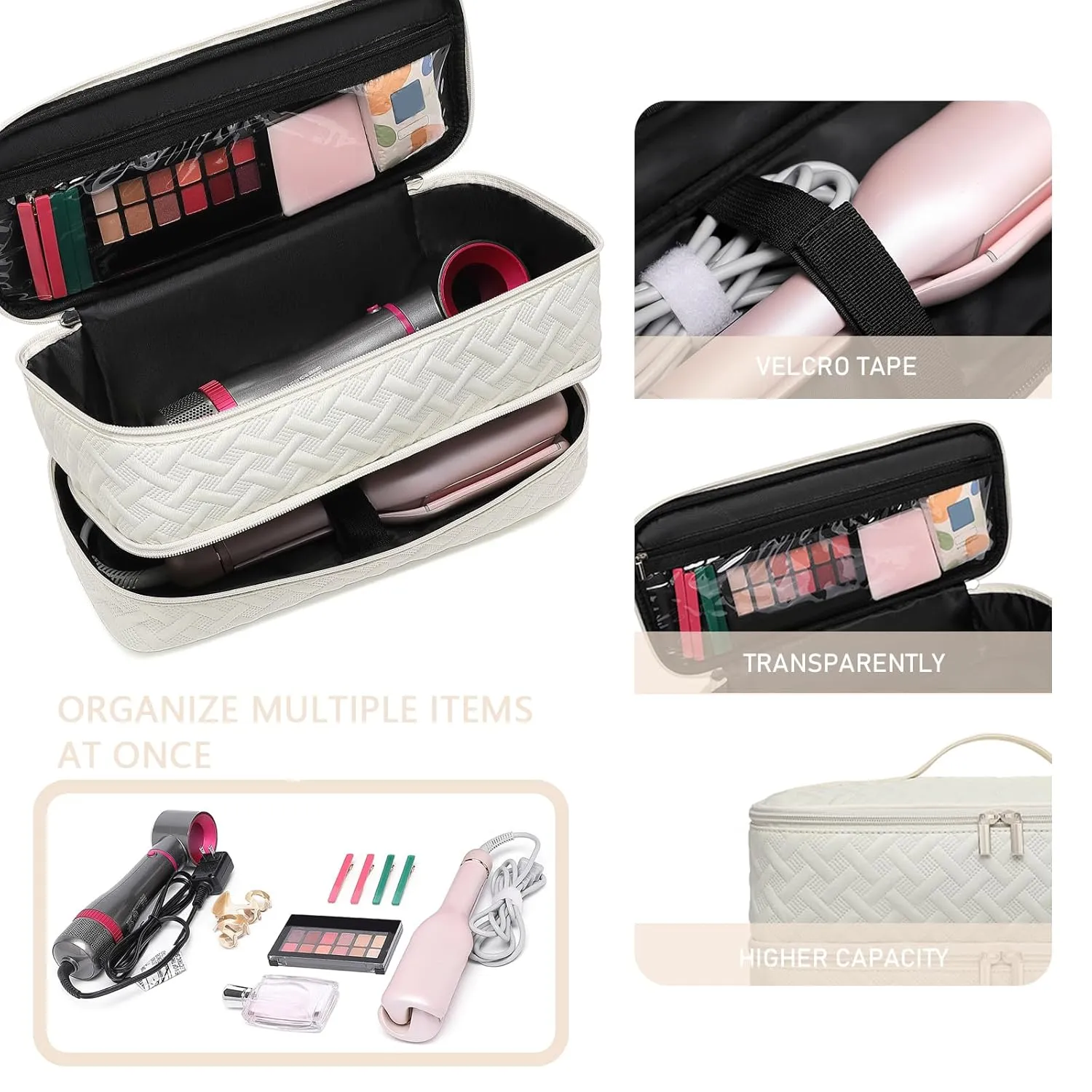 Double-Layer Travel Carrying Case for Revlon One-Step Hair Dryer Brush Volumizer Styler Shark FlexStyle Attachment Portable Storage Organizer Bag Hair Tools Travel Bag (Beige)