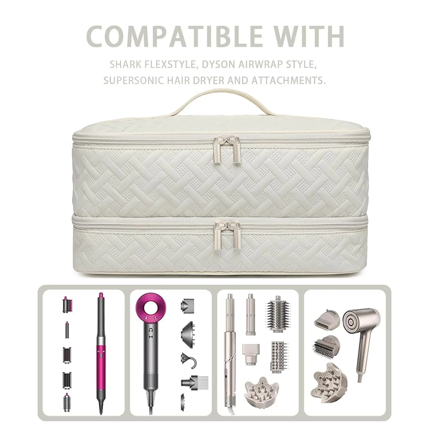 Double-Layer Travel Carrying Case for Revlon One-Step Hair Dryer Brush Volumizer Styler Shark FlexStyle Attachment Portable Storage Organizer Bag Hair Tools Travel Bag (Beige)
