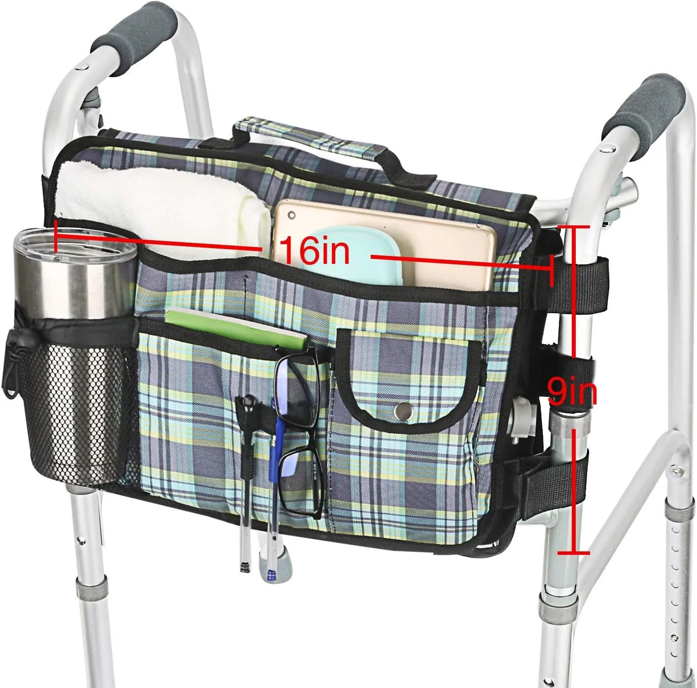Double Sided Walker Bag, Organizer Pouch Tote for Folding Walker (Colorful Blue)