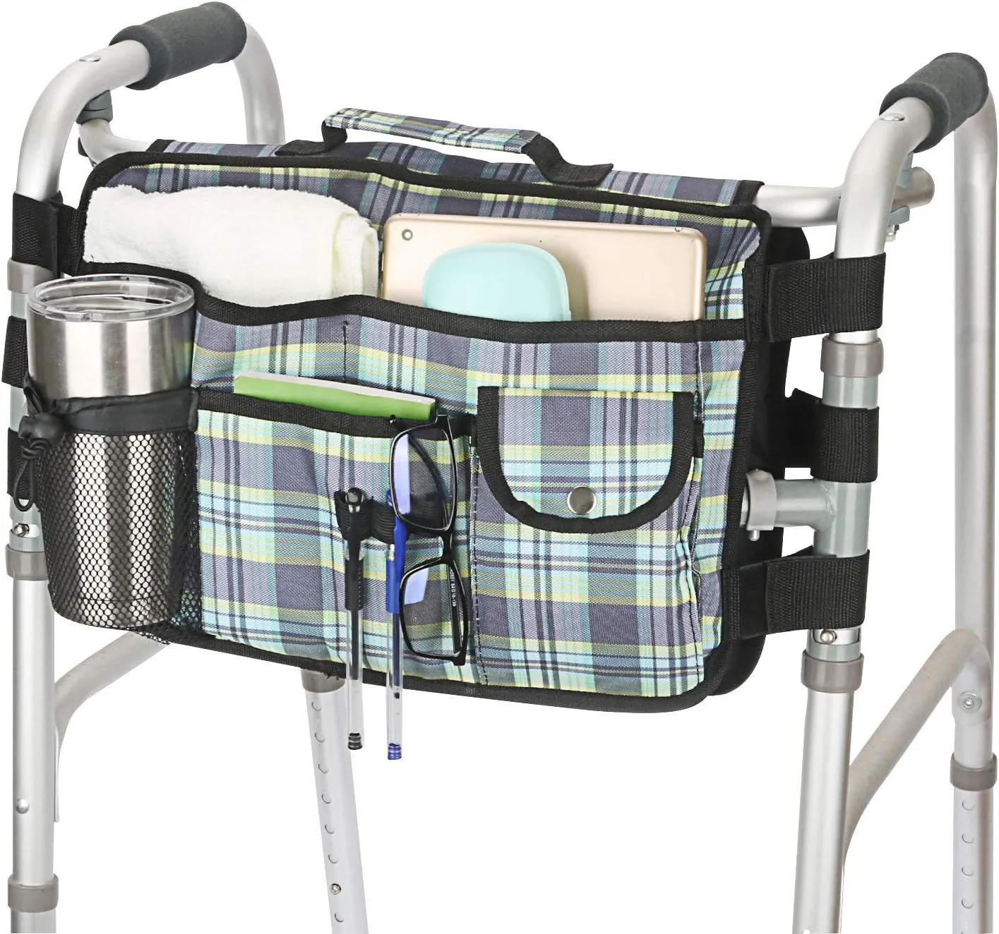 Double Sided Walker Bag, Organizer Pouch Tote for Folding Walker (Colorful Blue)