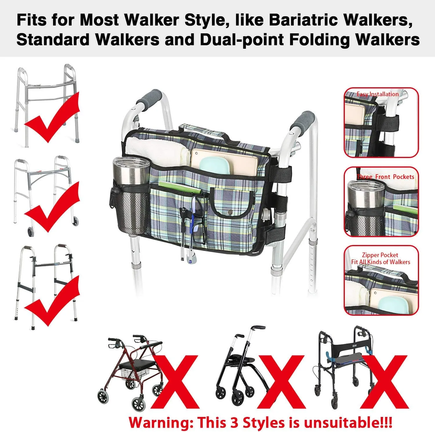 Double Sided Walker Bag, Organizer Pouch Tote for Folding Walker (Colorful Blue)